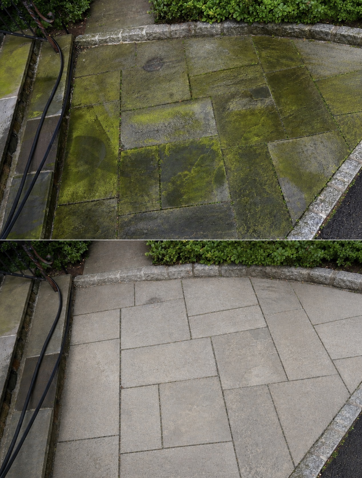 A stone patio before and after power washing — green algae completely removed