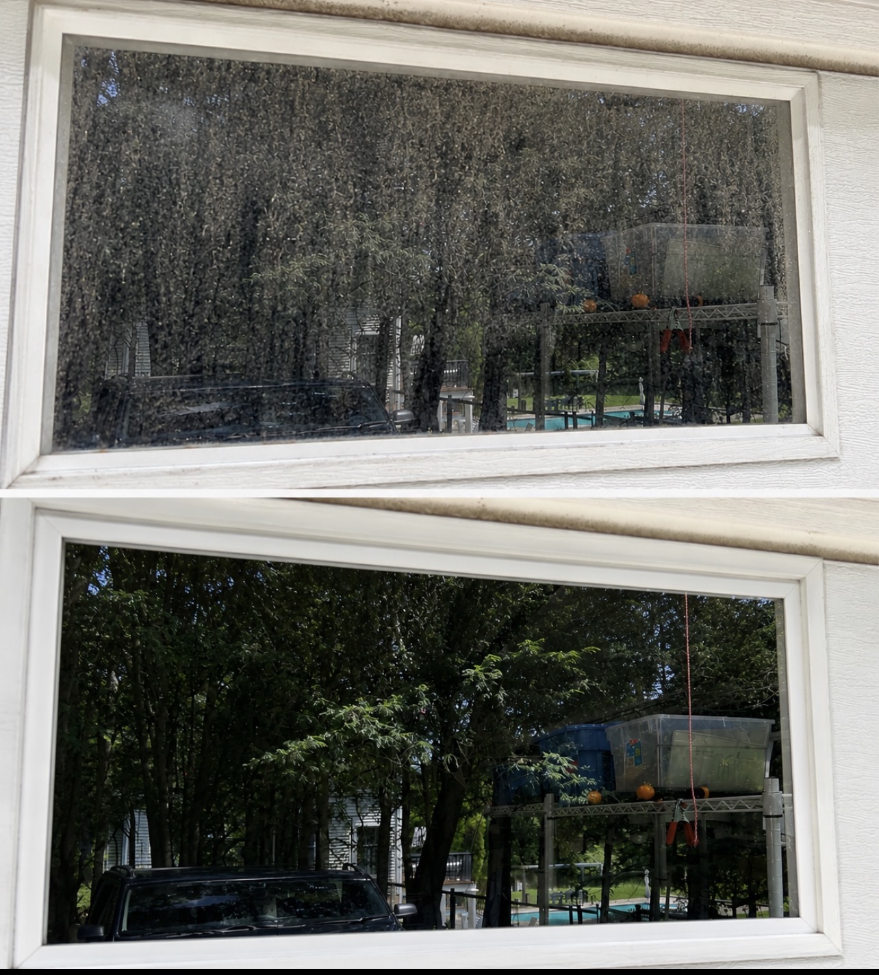 A window before and after professional cleaning by JLS Solutions — cloudy glass turned crystal clear