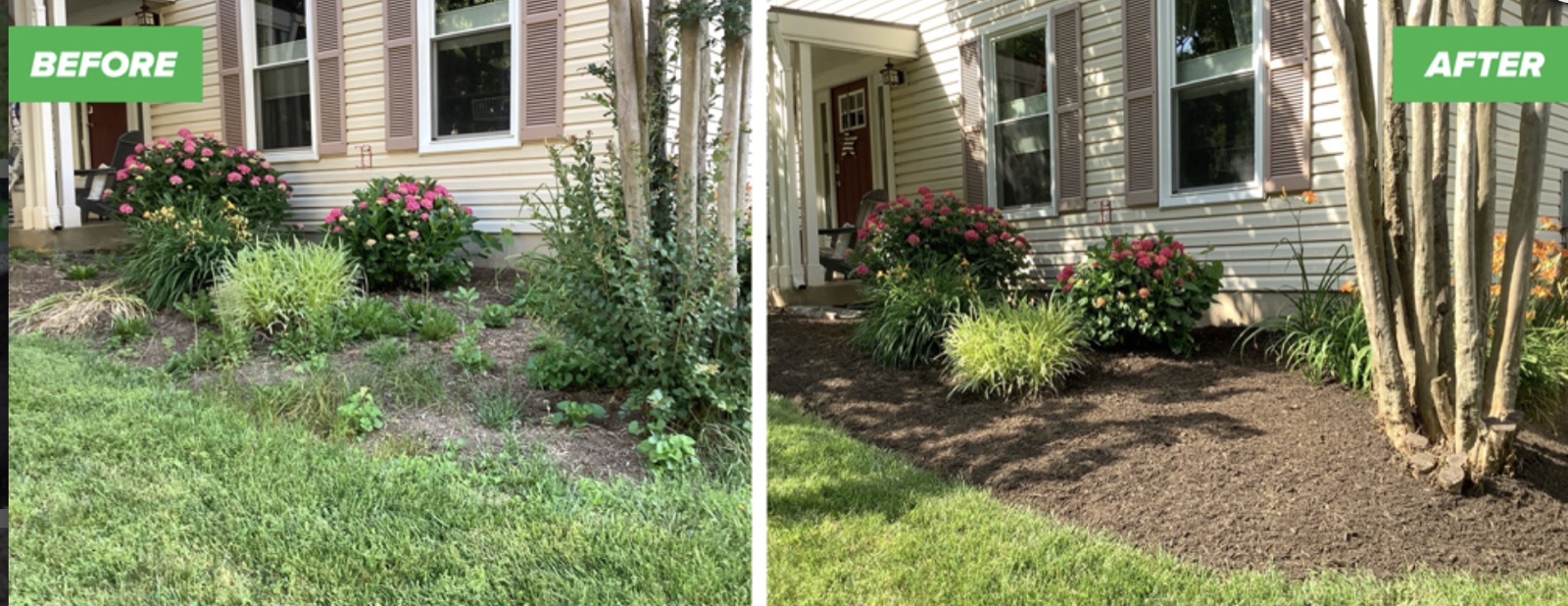 Before and after: an overgrown flower bed weeded, cleaned up, and finished with fresh mulch by JLS Solutions